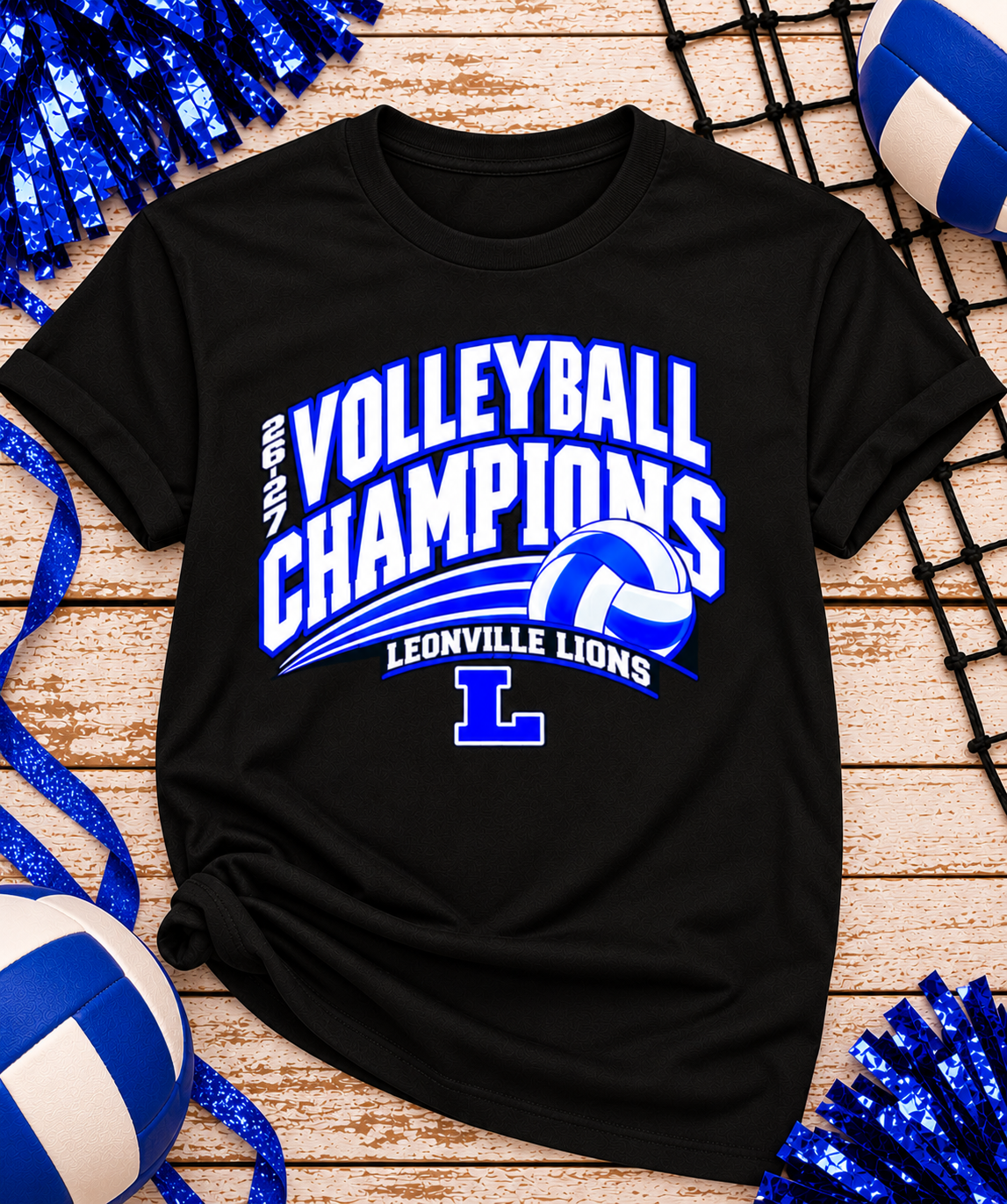 Black Leonville Lions Volleyball Champions tee with blue and white lettering and volleyball graphic