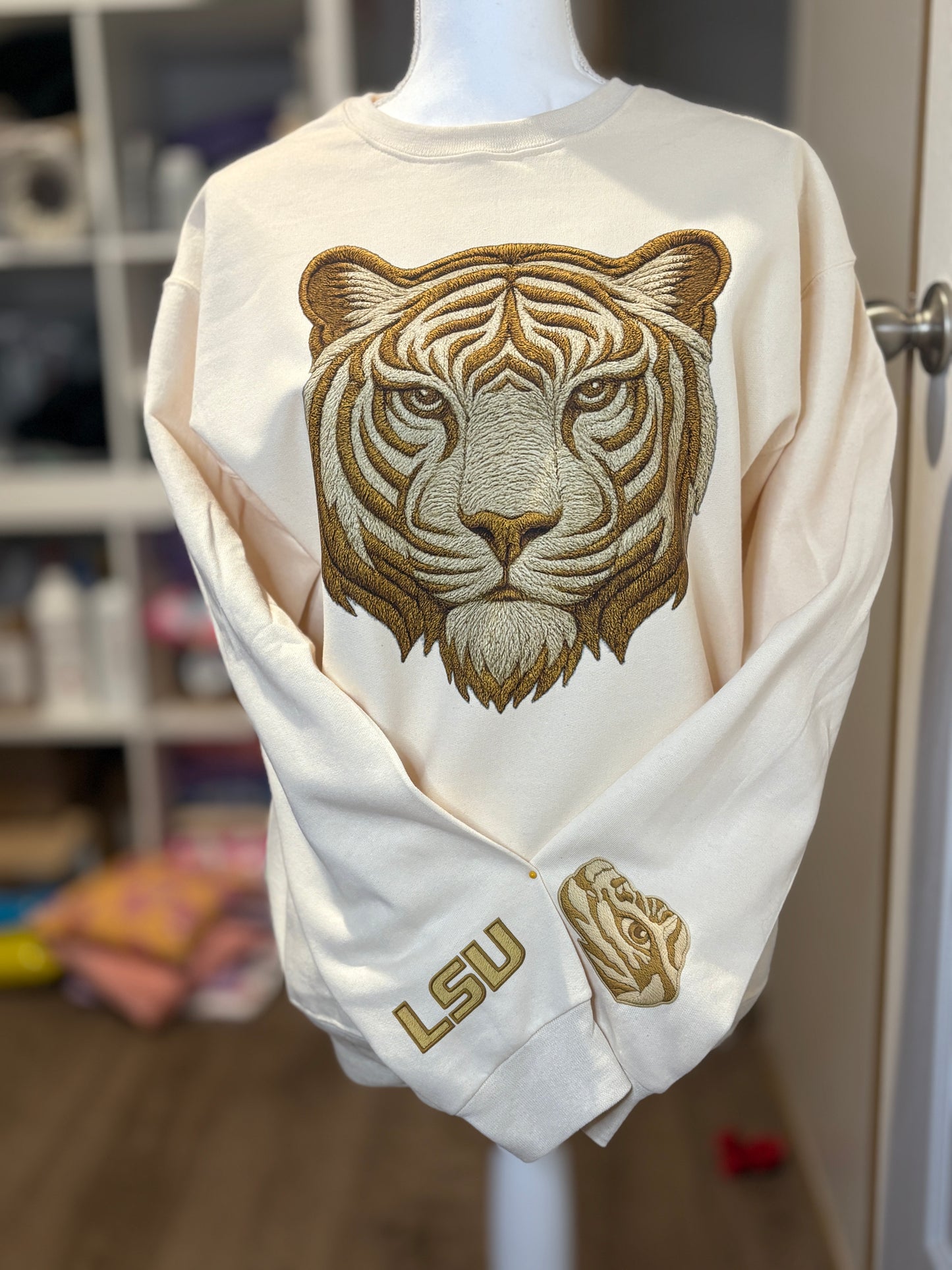 LSU Tigers DTF Print Sweatshirt - Gold Tiger Design with Tiger Eye Sleeve