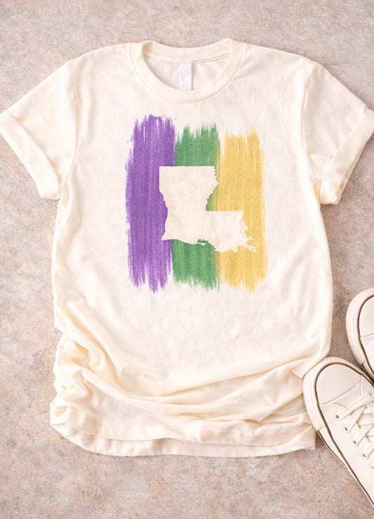 Mardi Gras Louisiana Tee - Purple Green Gold Brushstrokes