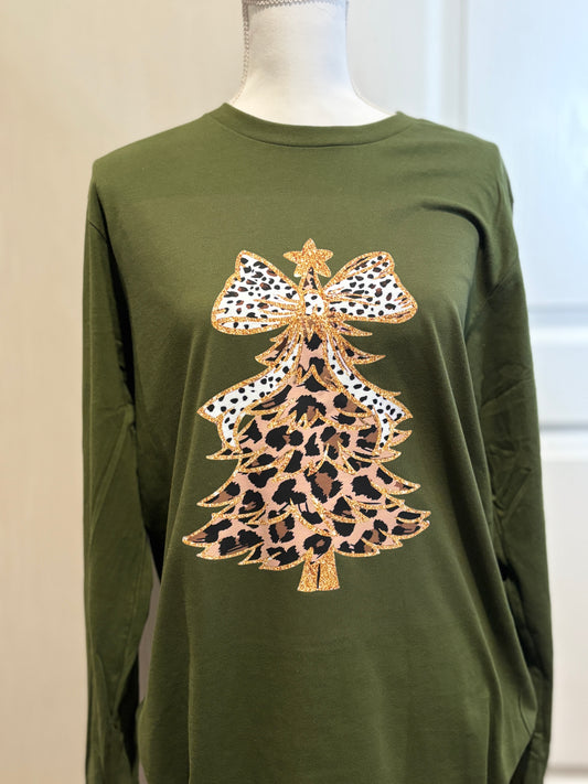 Olive Green Leopard Christmas Tree Shirt